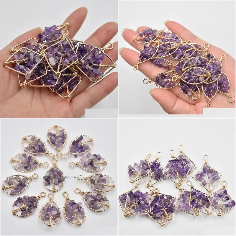 natural amethyst tree of life charms handmade wire wrapped pendants for jewelry necklace marking