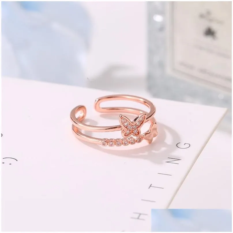 romantic wedding jewelry adjustable open rings rose golden crystal cubic zircon butterfly rings women engament gift