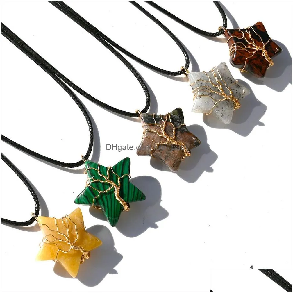 natural stone star shape pendant gold wire wrap tree of life mixed necklace jewelry accessories making wholesale