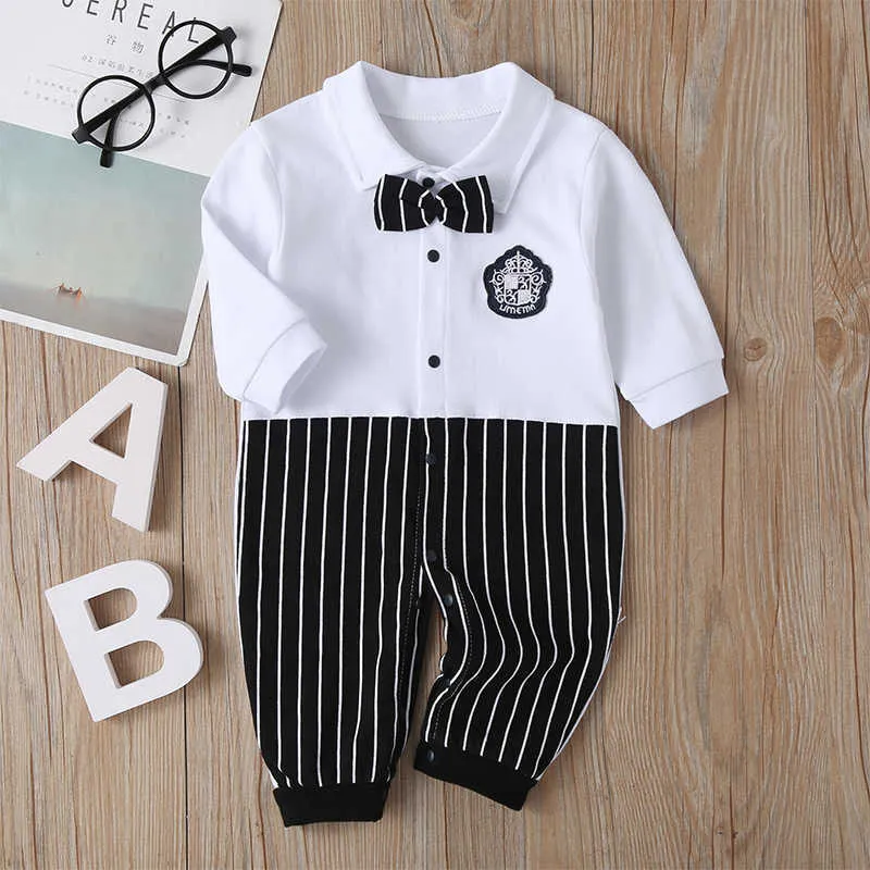 Newborn Baby Romper 2023 Fall Long Sleeves Bowtie Style Bebe Boy Girl Clothes Little Gentle Man Penguin Infant Babe Jumpsuits L230625