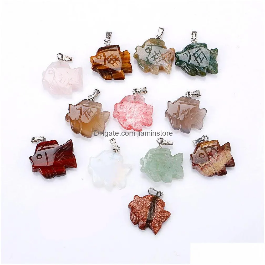 natural crystal rose quartz carved fish shape stone pendant necklace chakra healing jewelry for women men