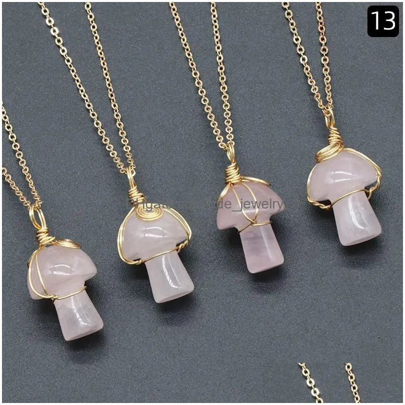 gold wire wrap healing natural crystal pendant necklace lovely mushroom charm carnelian opal pink purple necklace fashion women