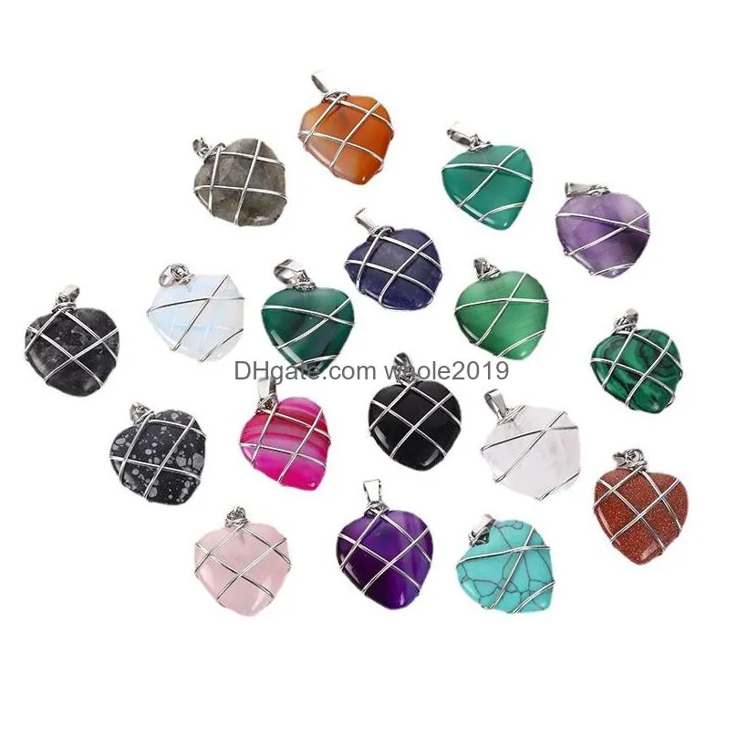 silver color wire wrap love heart shape pendant natural stone mixed necklace jewelry accessories making wholesale