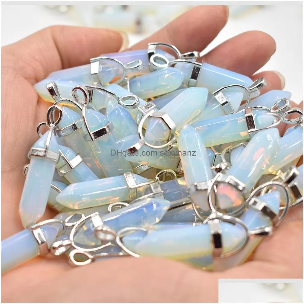 wholesale glass crystal opal stone hexagonal pillar charms point chakra pendant fashion good quality for jewelry making