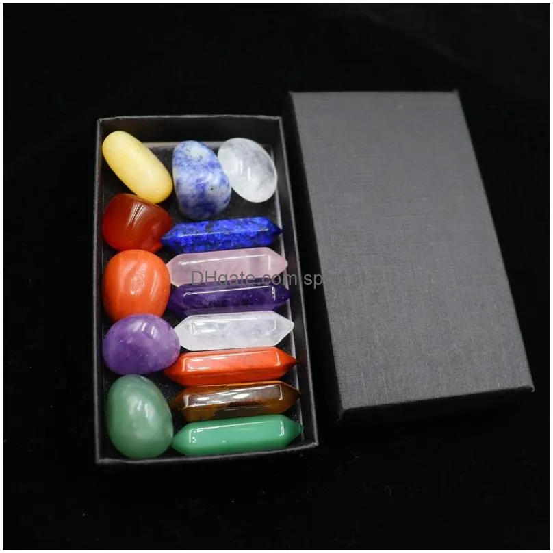 7 chakra box 14pc/set reiki natural stone crystal stones polishing amethyst rose quartz yoga energy bead chakra healing decoration