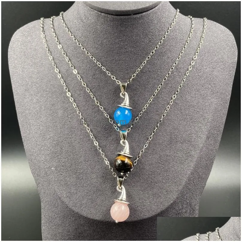 healing crystal natural stone pendant magic pointy hat charms rose quartz tiger eye lapsi pink crystal link chain necklaces wholesale christmas jewelry