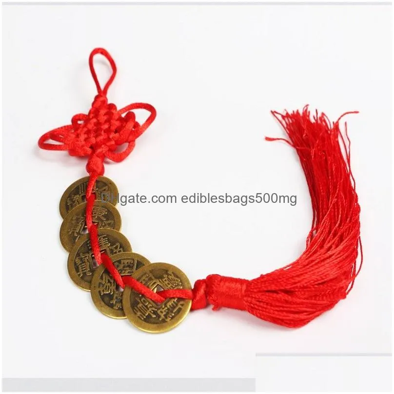 red chinese knot feng shui set of 6 lucky charm ancient coins prosperity protection good fortune home car decor