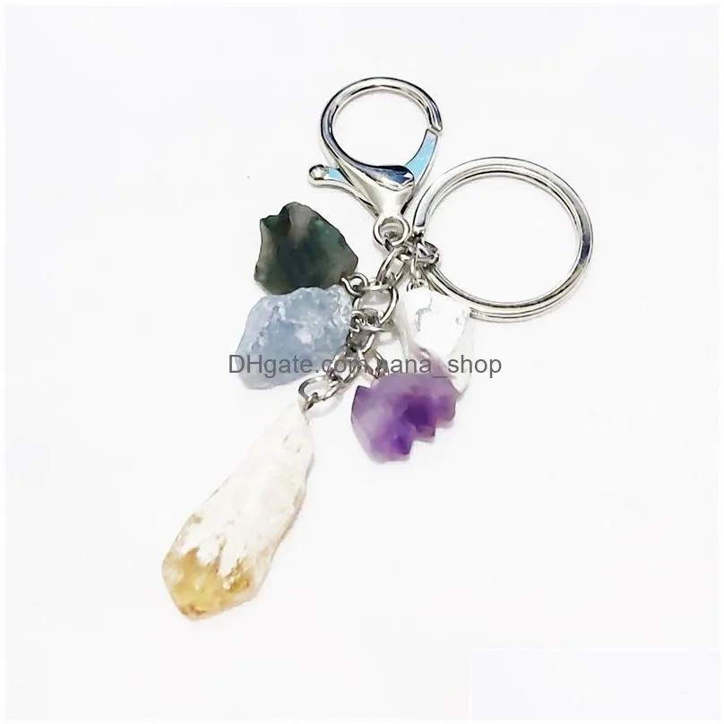 natural rough raw ore stone set key ring keychain fluorite crystal quartz women men car holder mineral keyrings jewelry