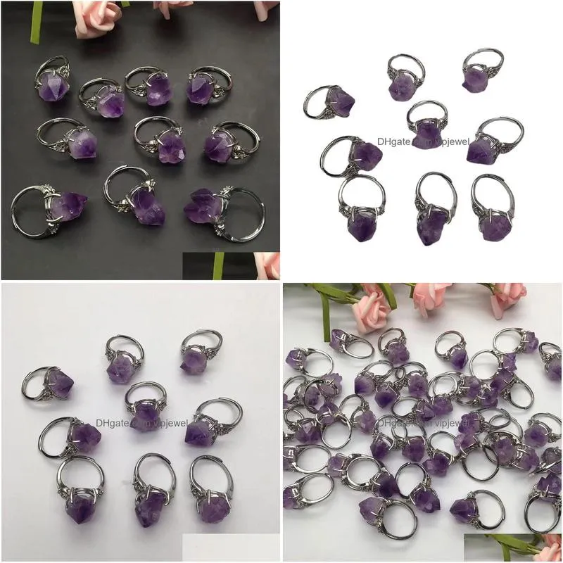 natural vintage amethyst cluster ring crystal rough stone flower adjustable energy silver jewelry sets accessorl gift punk