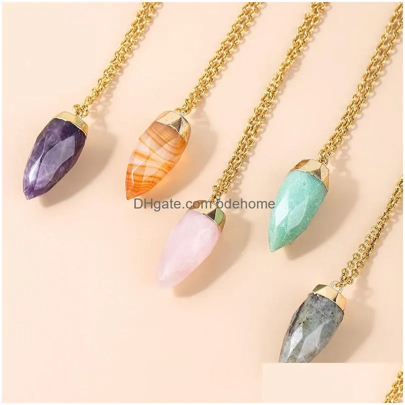 circular cone stone crystal charms gold chain pendant necklaces amethyst rose quartz wholesale jewelry for women