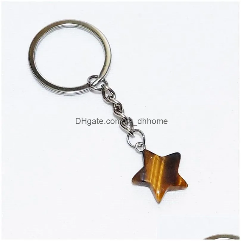 star shape reiki healing natural stone keychains chakra pink green black agate key rings keyrings women men jewelry