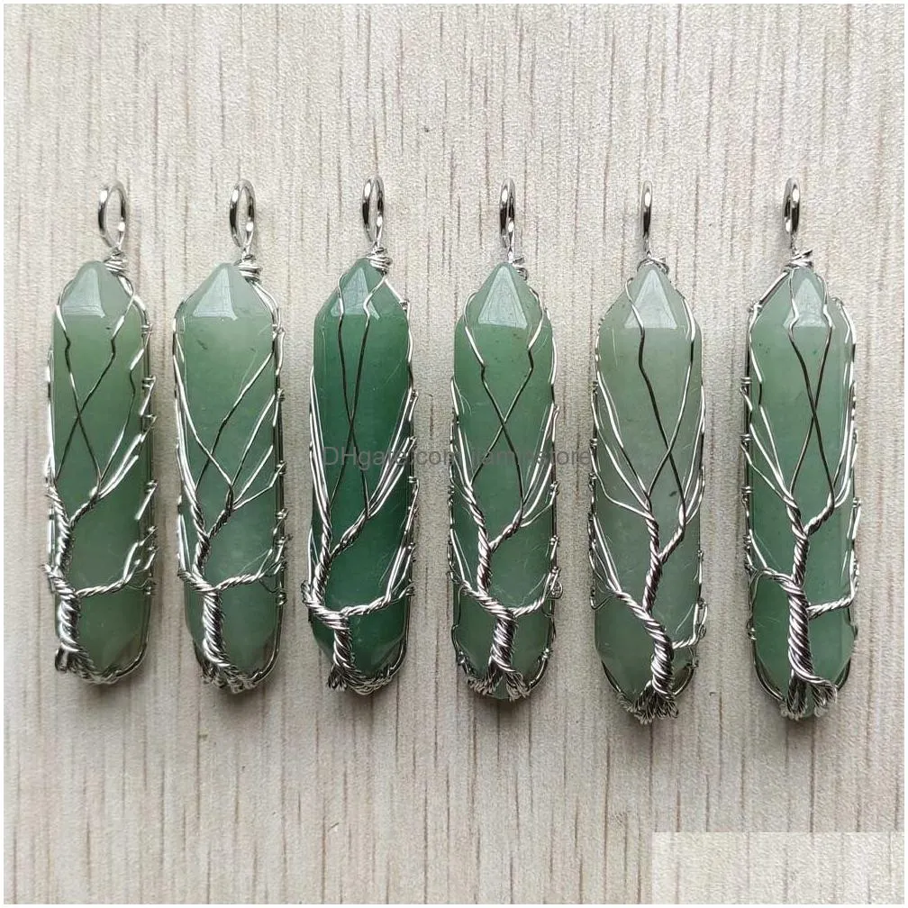 natural semi-precious stone charms tree of life crystal pillar pendulum pendants for jewelry making wholesale