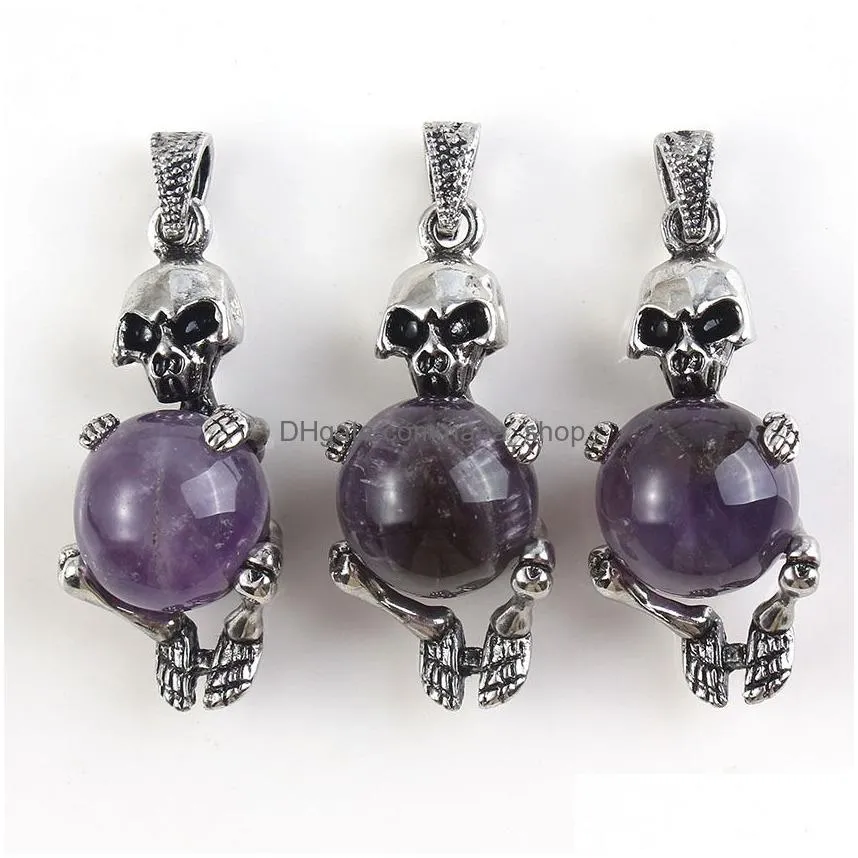 16mm natural gem stone charms skull skeleton pendants opal crystal rose quartz diy necklaces jewelry making wholesale