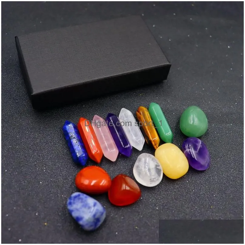 7 chakra box 14pc/set reiki natural stone crystal stones polishing amethyst rose quartz yoga energy bead chakra healing decoration