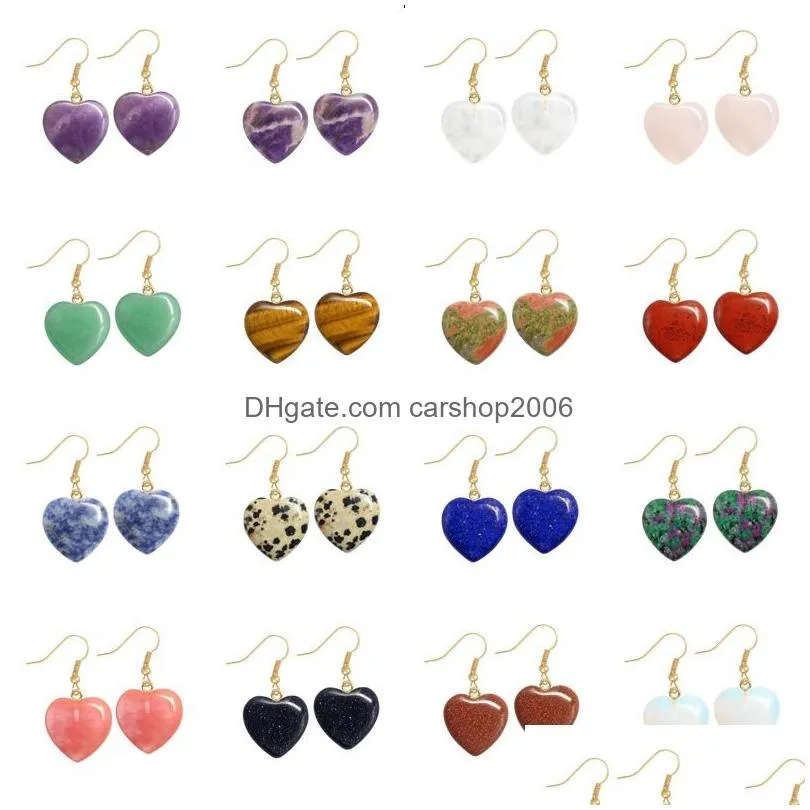 reiki natural stone charms gold earrings heart pendant red agate pink quartz purple crystal earrings for women jewelry