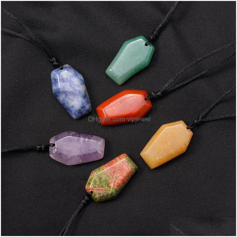 natural healing stone coffin shape crystal pendant energy obsidian rose quartz carved necklace jewelry crafts gift