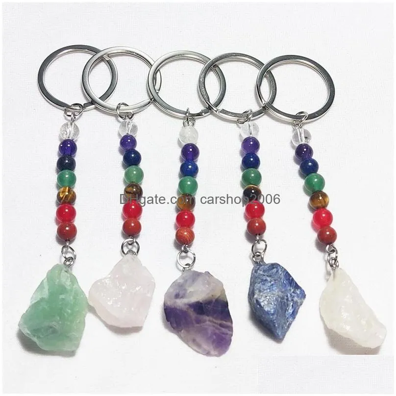 irregular raw ore stone key rings 7 colors chakra beads chains gem charms keychains healing crystal keyrings for women men 