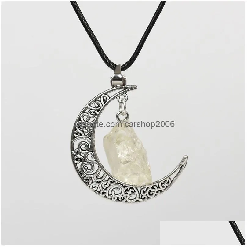 hollow moon irregular ore rough stone pendant tiger eye stone agates raw healing crystal quartz necklaces jewelry making