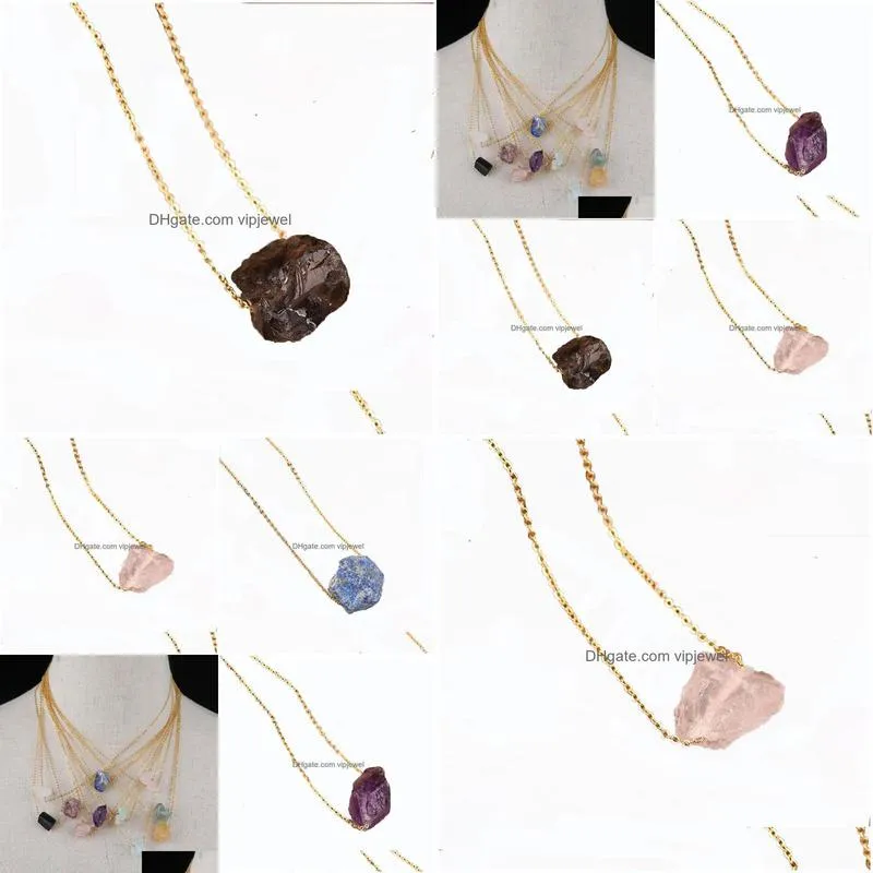 gold reiki chakra irregular druzy natural stone amethyst pendant necklace rose quartz lapis women men link chain jewelry