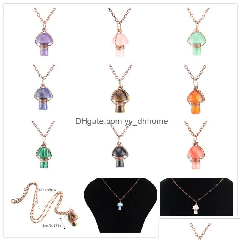 lots wire wrap carving mushroom pendant reiki healing crystal tiger eye rose quartz opal aventurines necklace for women jewelry