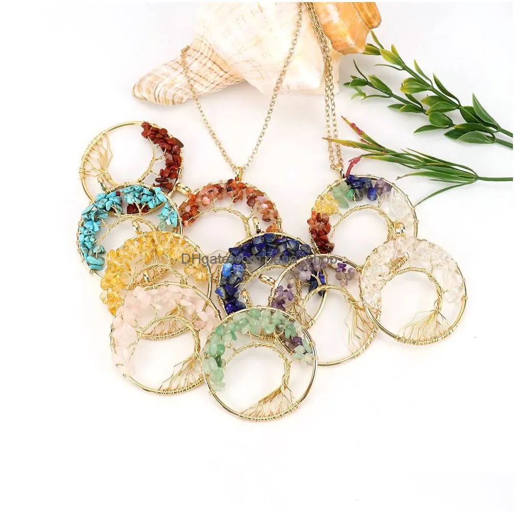 3 styles irregular chip stone crystal wire wrap tree of life pendant amethyst rose quartz chakra beads necklace for women jewelry