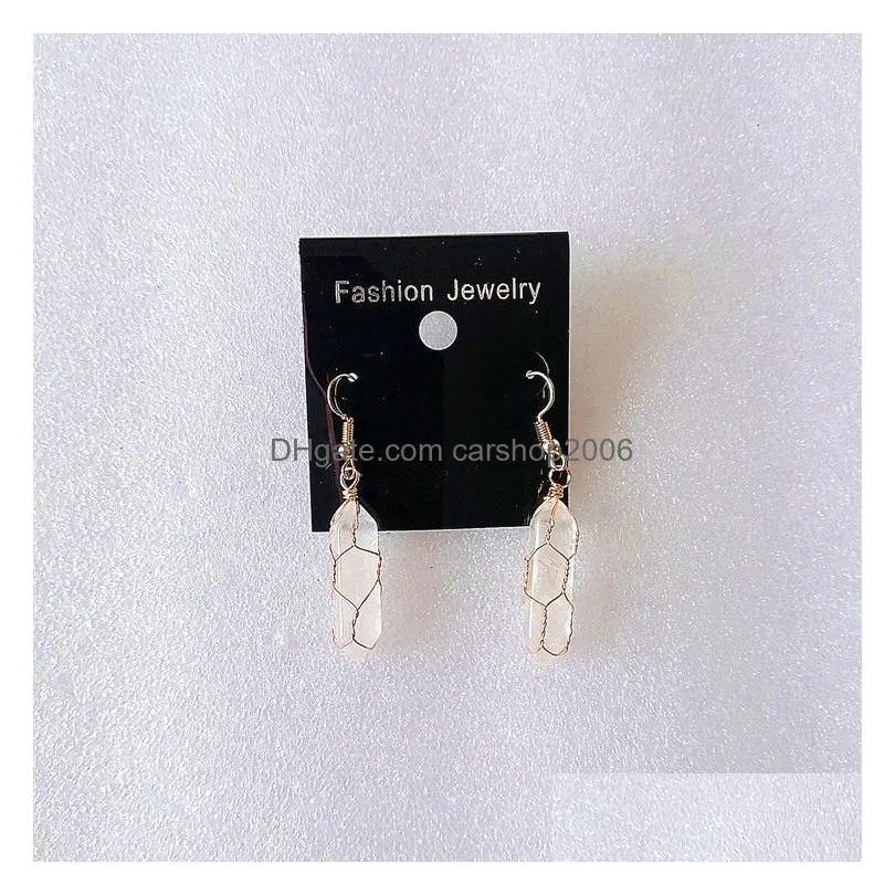 gold wire wrap hexagon prism natural stone dangle earrings rose quartz healing crystal earings earring for women jewelry