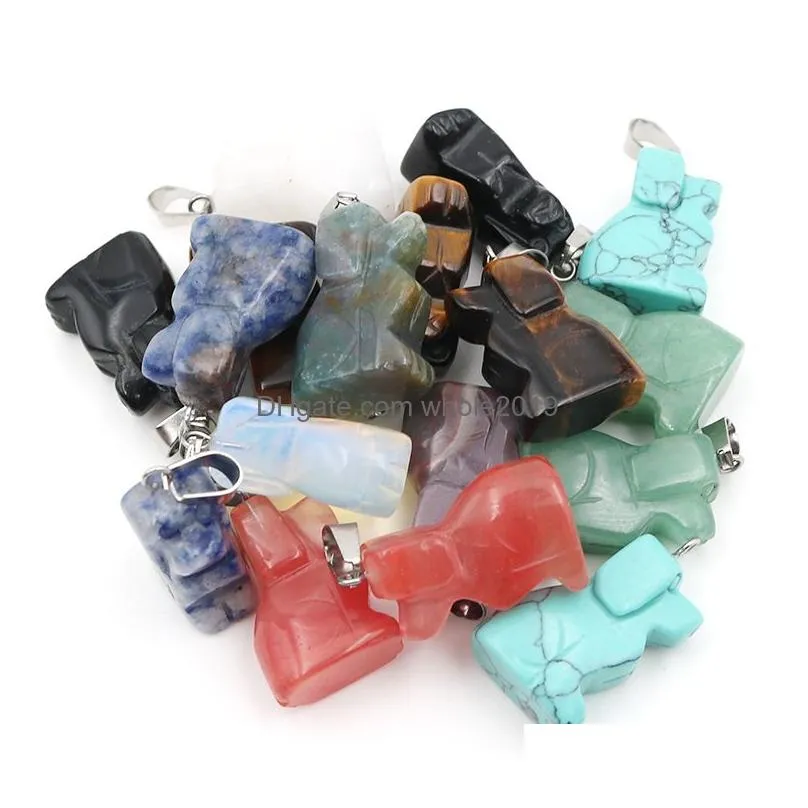 wholesale animal cute lucky dog pendant natural healing stone animal crystal pendant necklace for diy jewelry making