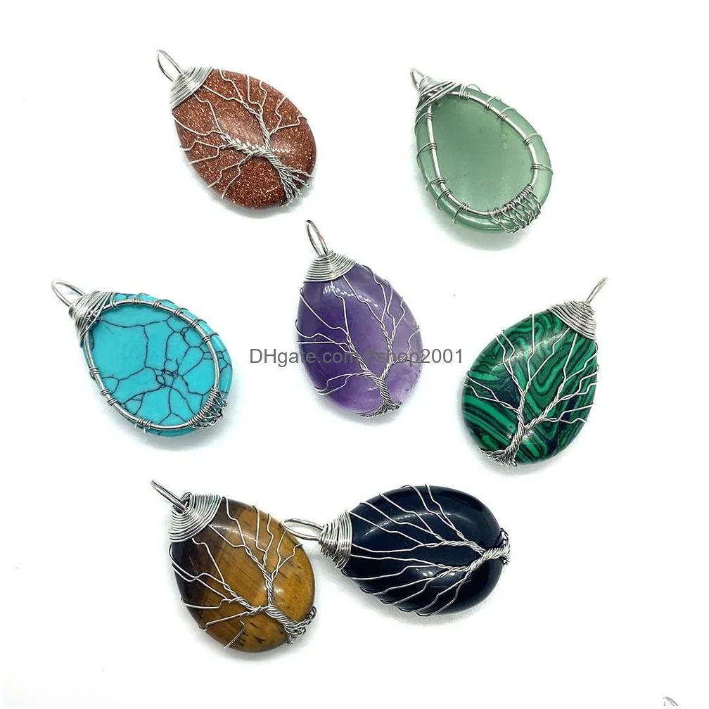 tree wire wrap natural crystal stones charms waterdrop tiger eye black onyx rose quartz stone charm beads pendants for jewelry making