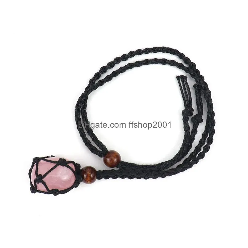 natural crystal stone pendant braided adjustable black net pocket sweater chain necklace healing reiki hangings craft weave rope