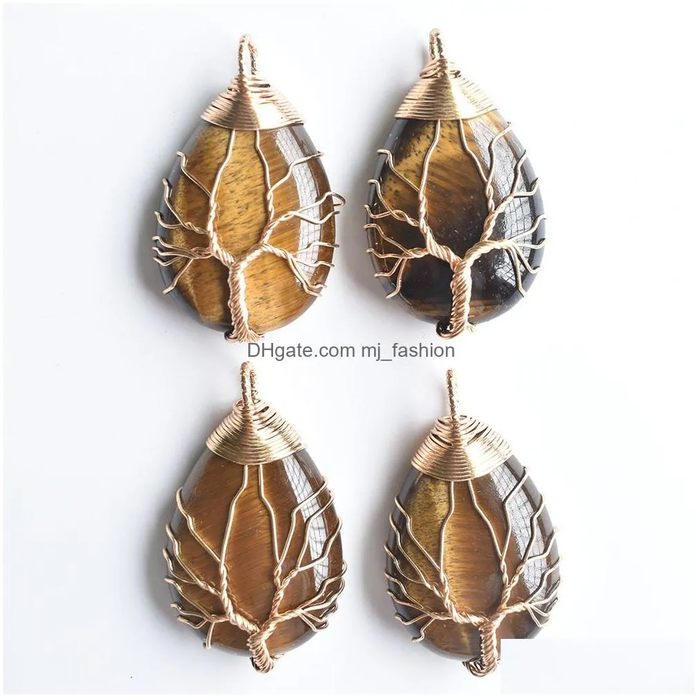 natural stone charms crystal tree of life pendants roses quartz gold wire wrapped trendy jewelry making wholesale
