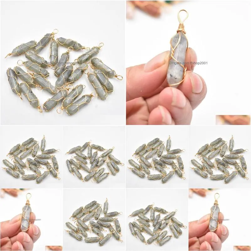 gold wire natural stone labradorite charms hexagonal healing reiki point pendants for jewelry making