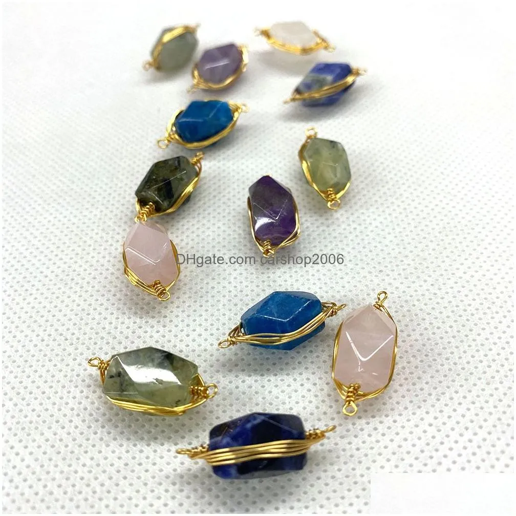 gold wire wrap natural stone charms green rose quartz crystal connector pendant for earrings necklace jewelry making wholesale 8x23mm