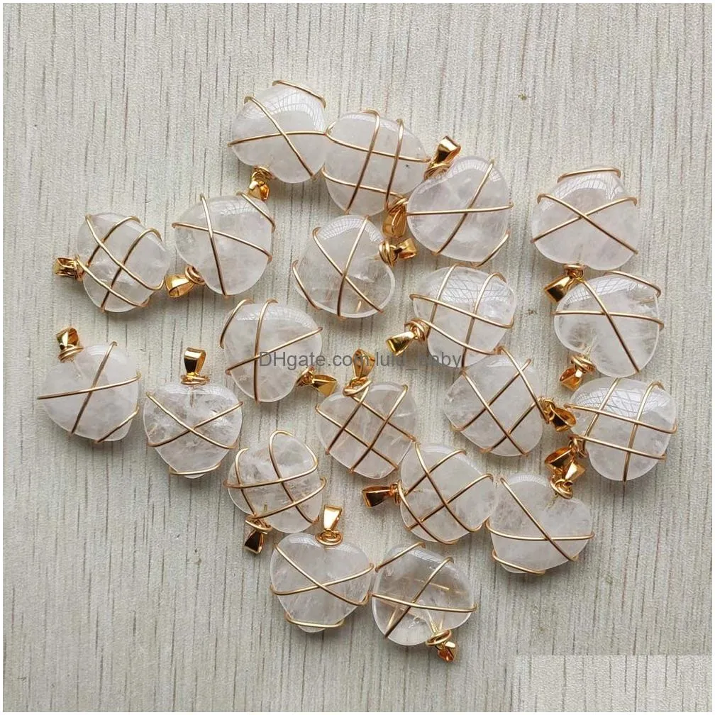 natural stone heart charms crystal agate beads pendant handmade wire gold color wire wrapped for jewelry marking