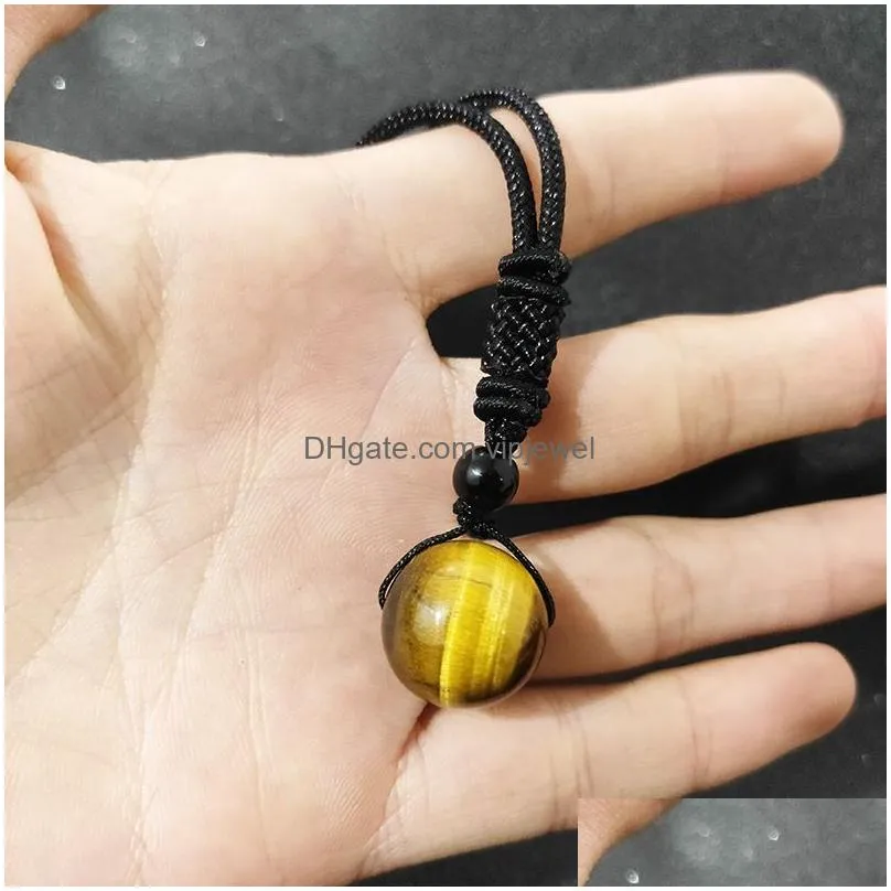 men yellow tiger eye stone round bead pendant black rope chain necklace wholesale jewelry for women