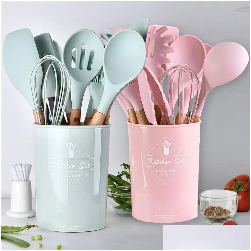 9/11/12pcs silicone cooking utensils set non-stick spatula shovel wooden handle cooking tools set with storage box kitchen tools 407