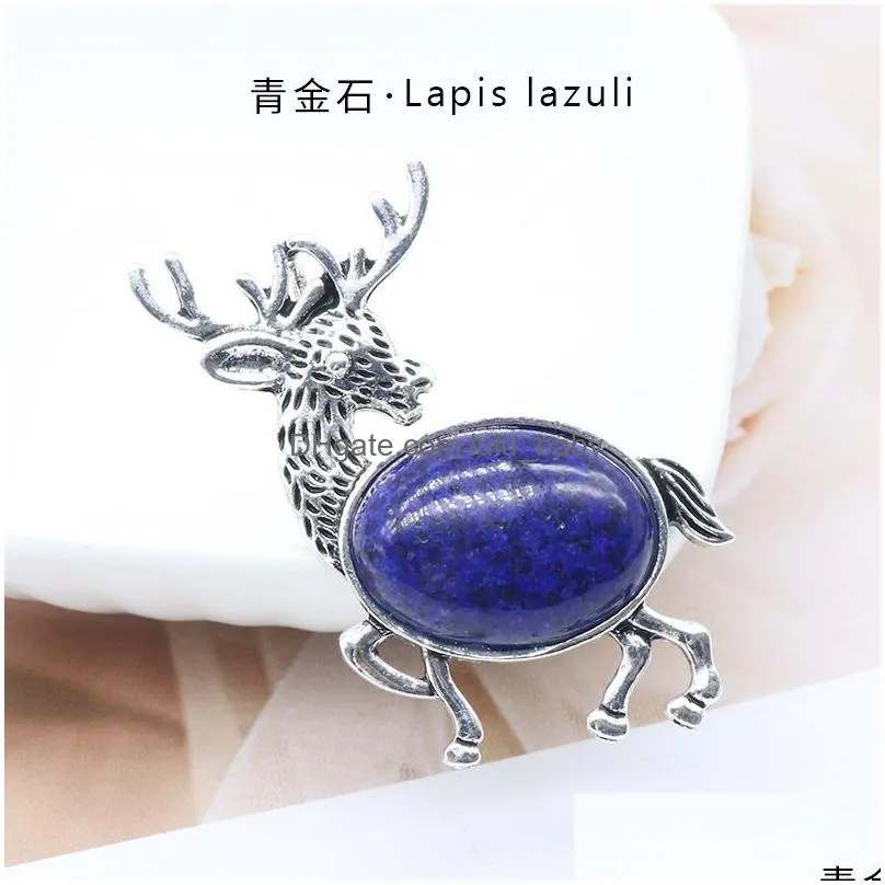 natural stone gem brooch elk deer pendant rose quartz crystal jade onyx bead necklace healing jewelry for women rope chain