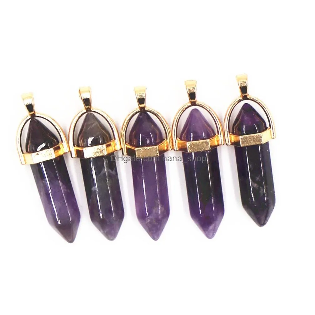 natural gems stone charms amethyst crystal pillar point gold pendants necklace charms for making women jewelry bulk