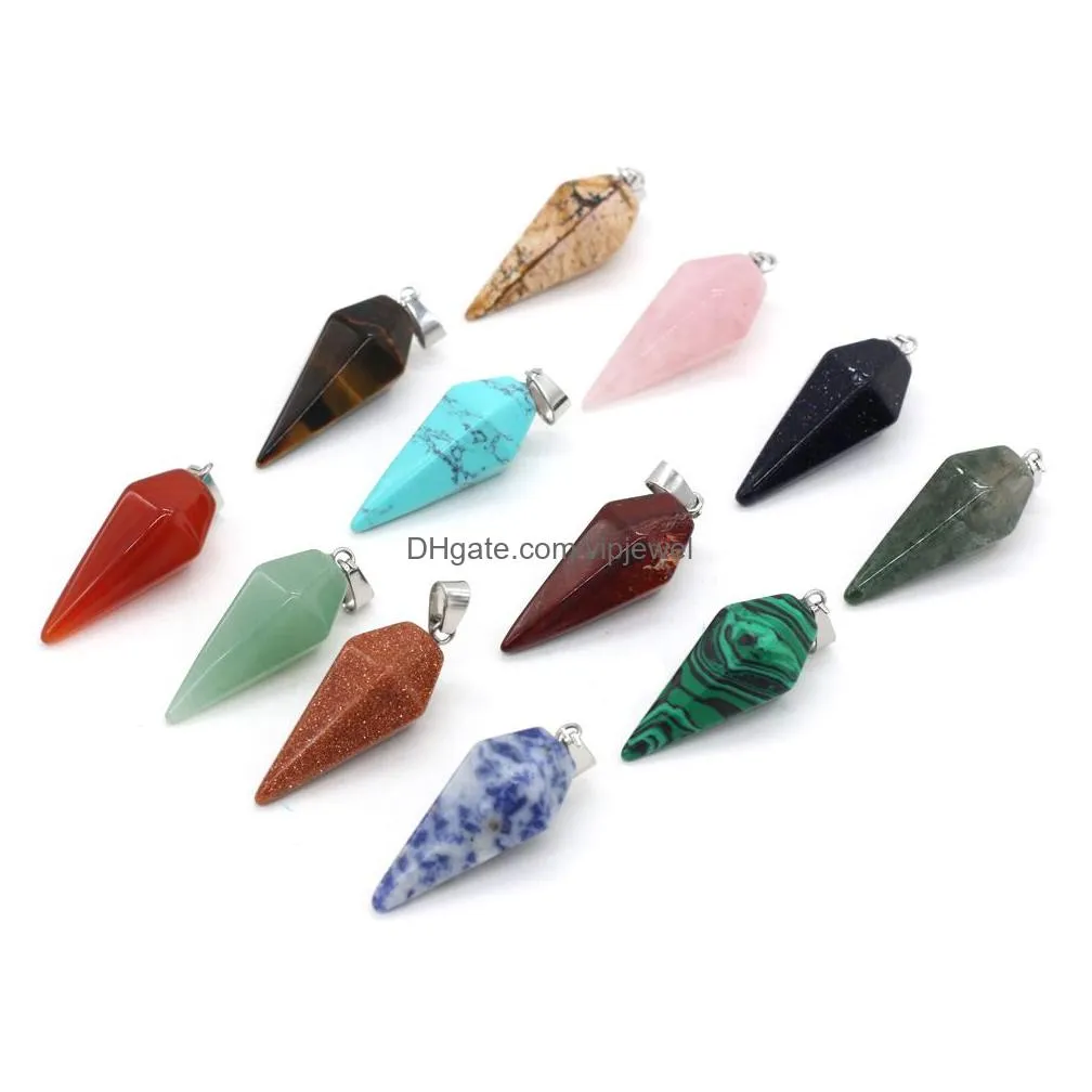 natural stone charms cone pendulum pendant green blue rose quartz healing reiki crystal finding for diy necklaces women fashion jewelry