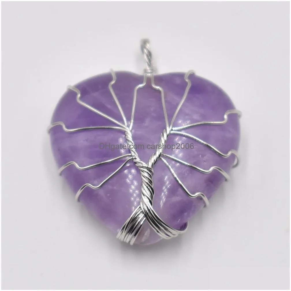 natural stone charms crystal tree of life heart pendants roses quartz wire wrapped trendy jewelry making wholesale