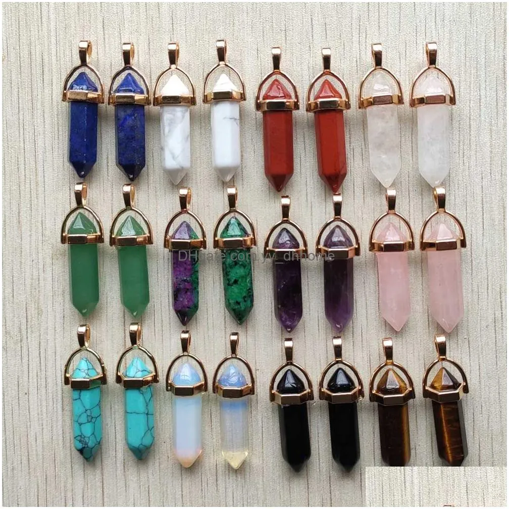 gold natural stone rose quartz mixed pillar bullet shape charms point chakra pendants for jewelry making wholesale gold wire wrap handmade