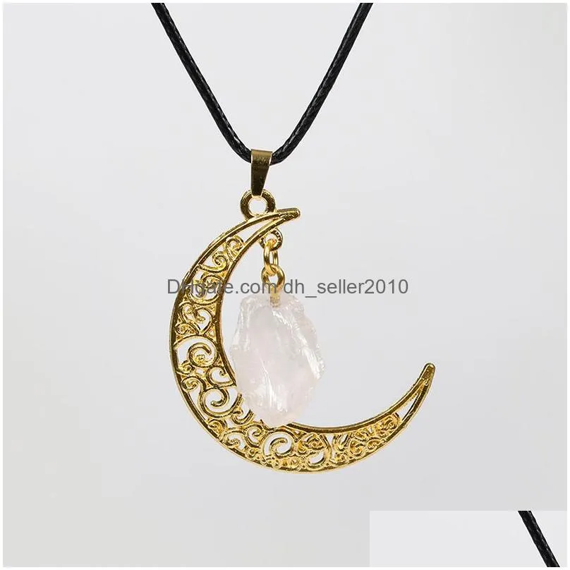 gold hollow moon irregular ore rough stone pendant tiger eye stone agates raw healing crystal quartz necklaces jewelry making