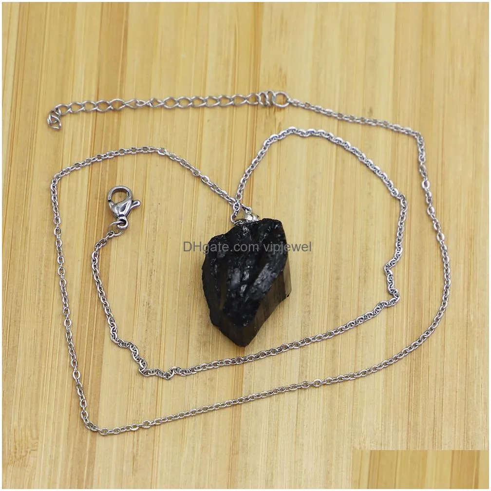 natural stone black tourmaline irregular pendant rough healing crystal repair raw ore cylinder necklaces men women jewellry