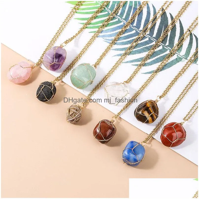 irregular round natural stone pendant necklace amethyst lapis rose quartz crystal gold wrap wire necklaces healing for women men