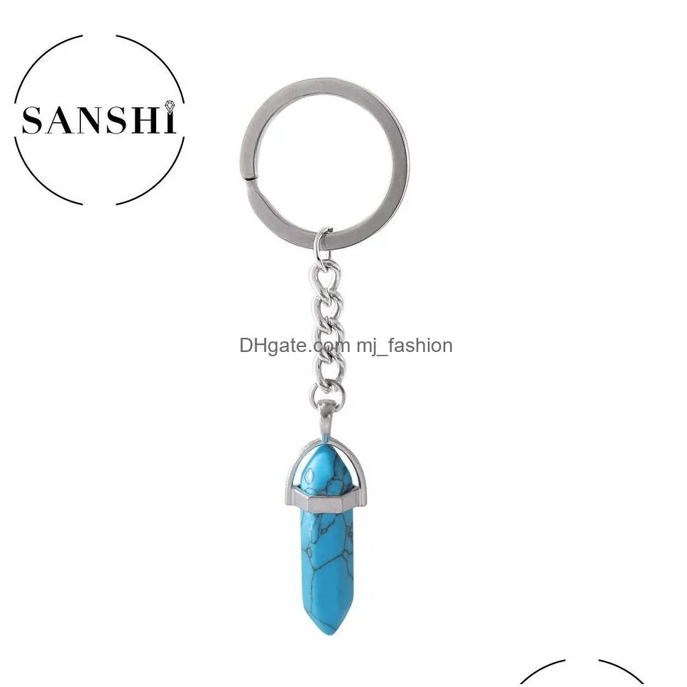 natural stone key rings hexagonal prism keychains healing blue rose crystal car decor keyholder for women men