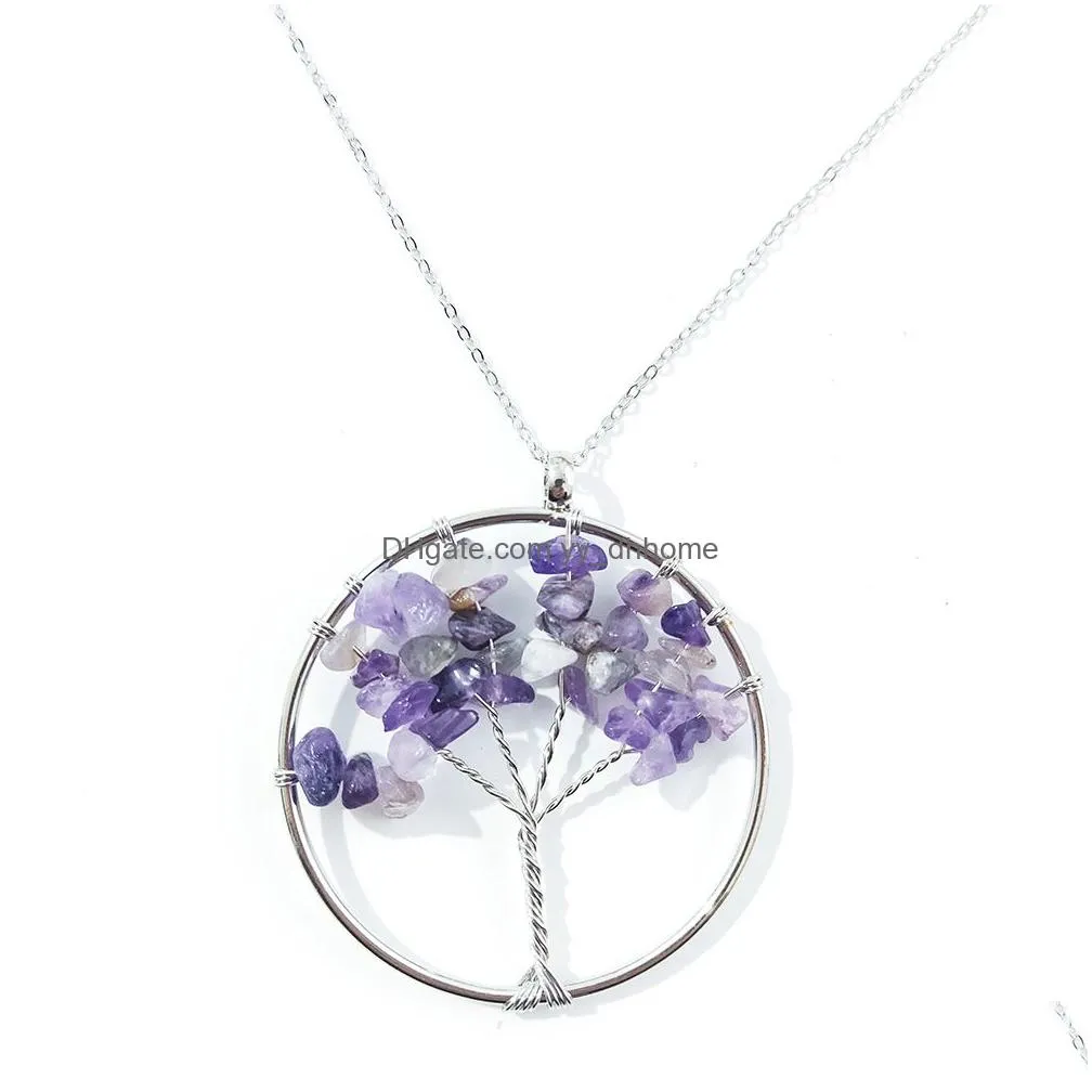 5cm healing crystal gravel stone tree charms necklaces twine wire wrap pendant quartz wholesale jewelry gift