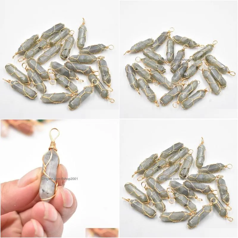 gold wire natural stone labradorite charms hexagonal healing reiki point pendants for jewelry making