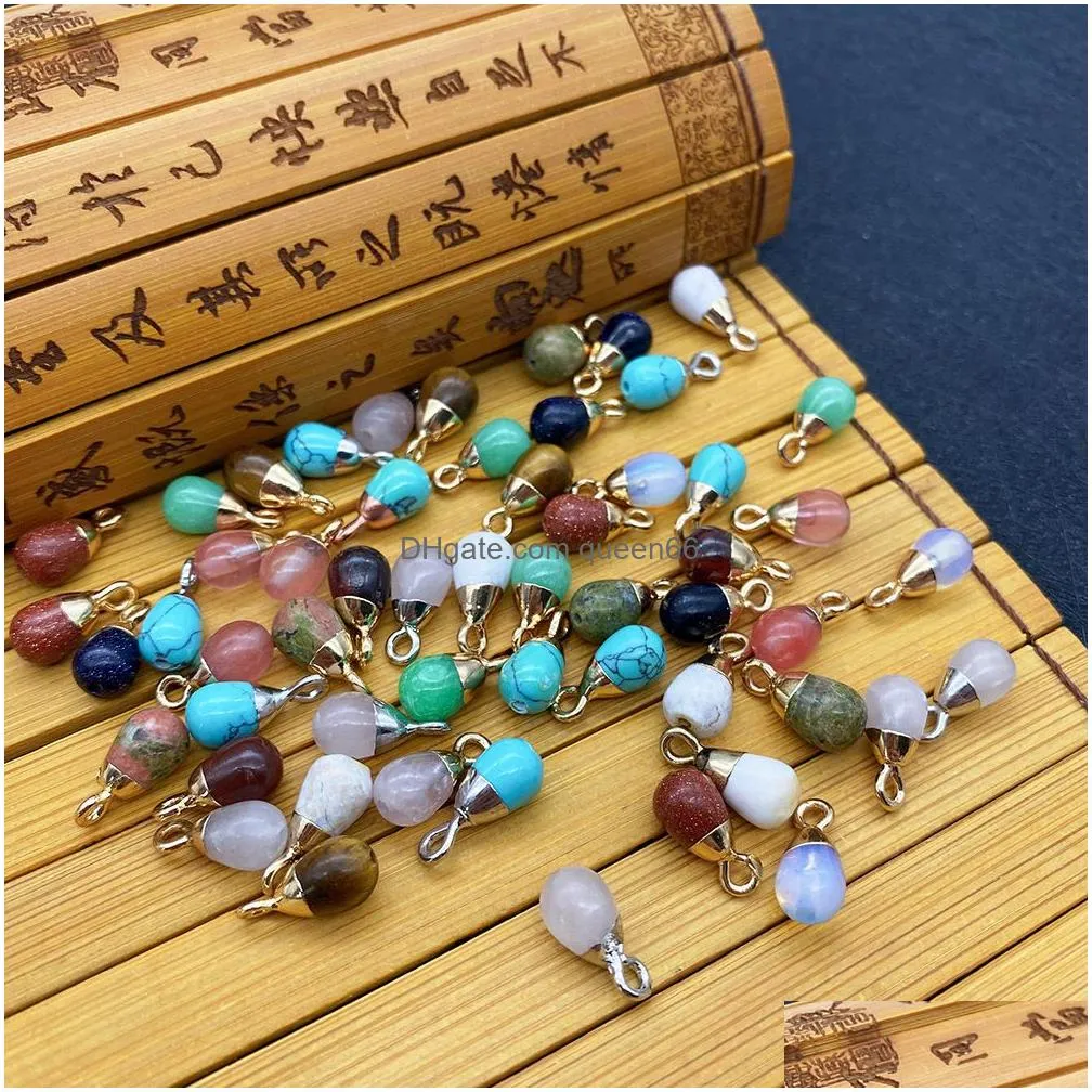 6x13mm natural crystal stone charms teardrop drop green rose quartz pendants gold edge trendy for necklace earrings jewelry making