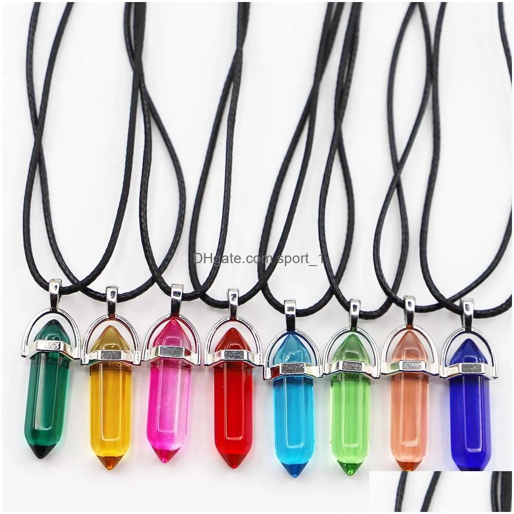 rainbow glass hexagonal column point leather cord necklace pendant cylindrical charms minerals healing crystal jewelry