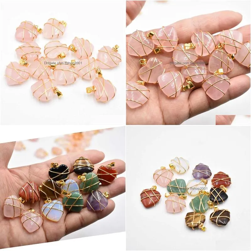 gold color wire wrap heart shape charms natural stone mixed pendants for jewelry accessories making wholesale