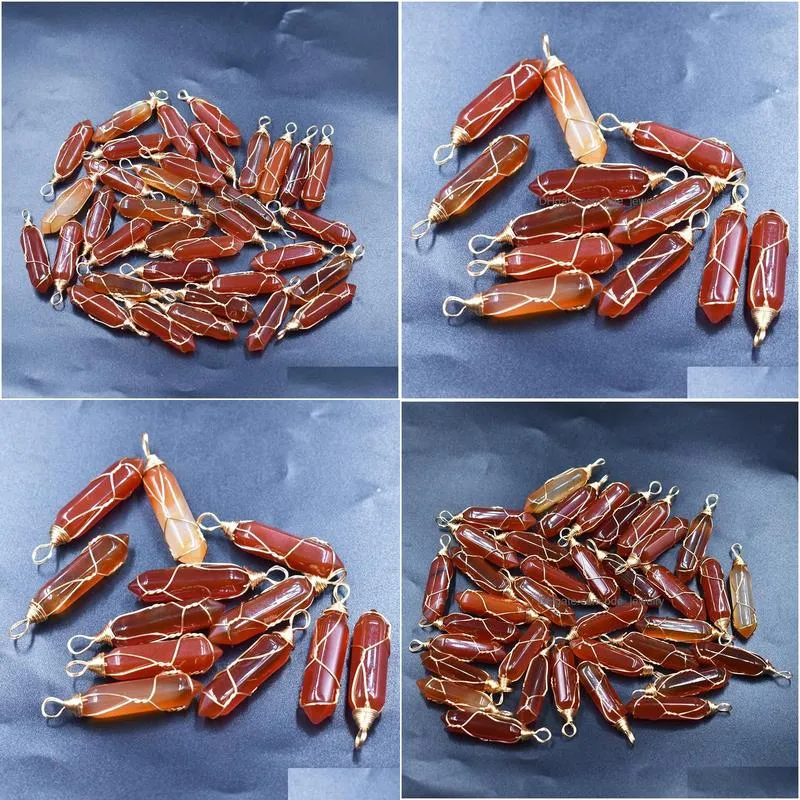 crystal glass red agate pillar shape charms stone point handmade iron wire pendants for necklace earrings jewelry making